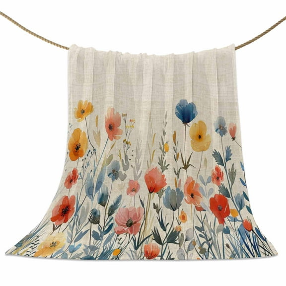 Flannel Fleece Blanket Watercolor Flower Floral Super Soft Warm Cozy Throw Blanket Leaves Branch Farmhouse Country Bed Couch Car Blankets for All Season 50" x 60"