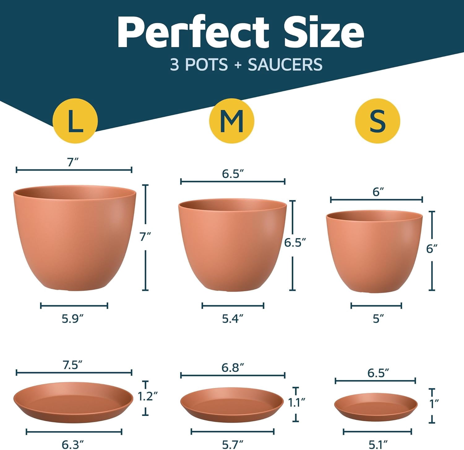 Terracotta Plant Pots with Drainage Holes & Saucers 3 Packs, Indoor & Outdoor Stackable Plastic Planters in Multiple Sizes for Houseplants & Flowers, Durable & Weatherproof Materials, Matte Finish