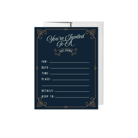 navy blue art deco vintage party baby shower blank invitations with