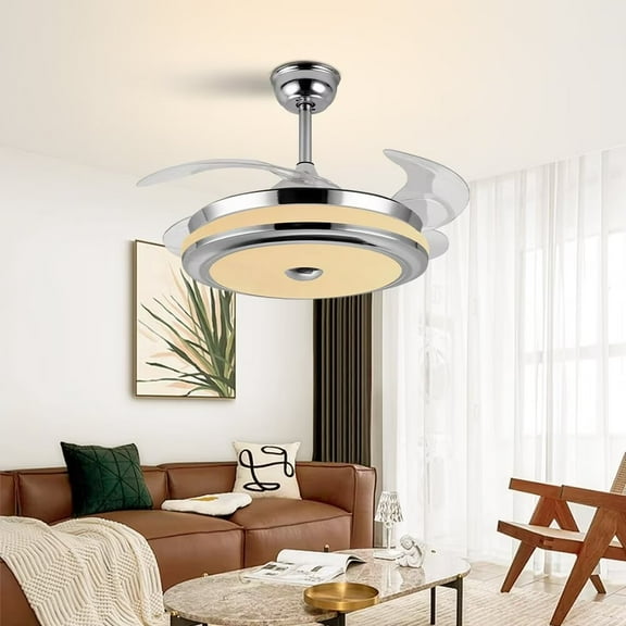 AFANQI 36 Inch Modern Silver Ceiling Fan with Light Remote Control Retractable 4 Blade Ceiling Fan for Living Room Bedroom Dining Room