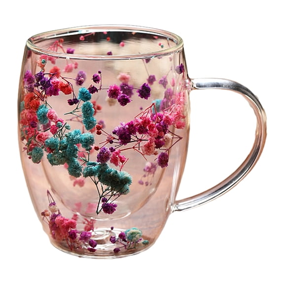 Ruanlalo Double Wall Glass Coffee Mug Heat Insulation Tumbler Unique Flower Pattern Cup Insulated Heat Resistant Tea Latte Mugs with Handle