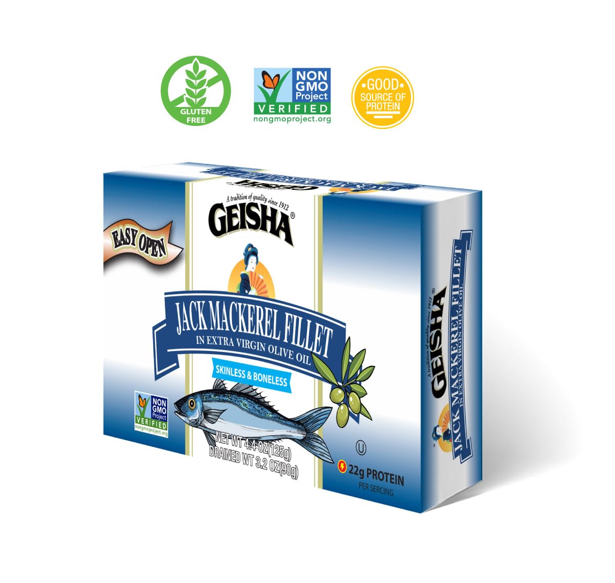 GEISHA Jack Mackerel Fillet In Extra Virgin Olive Oil 4.4oz (Pack of 12)| Omega-3, NON-GMO,22g Protein,Kosher,Extra Virgin Olive Oil,Product of Chile,Zero Trans Fat,No Sugar Added,Wild Caught