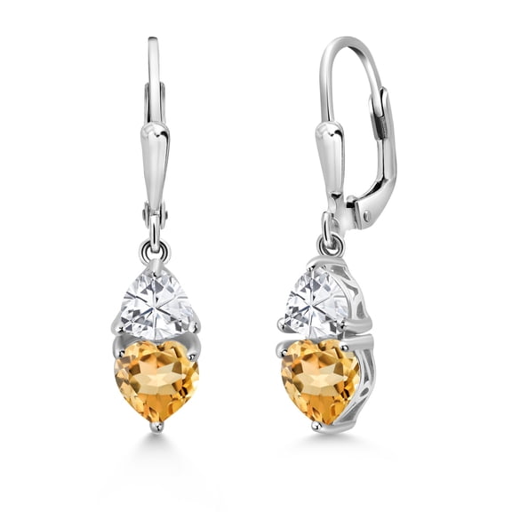 Gem Stone King 925 Sterling Silver Yellow Citrine Dangle Leverback Earrings for Women (2.84 Cttw, Gemstone November Birthstone, Heart Shape 6MM, Trillion 5MM)