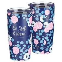 Christian Art Gifts Stainless Steel Double-Wall Vacuum Insulated Travel Mug Tumbler with Lid for Women: Be Still & Know - Psalm 46:10 Inspirational Bible Verse, Hot/Cold, Navy/Pink Floral, 18 oz.