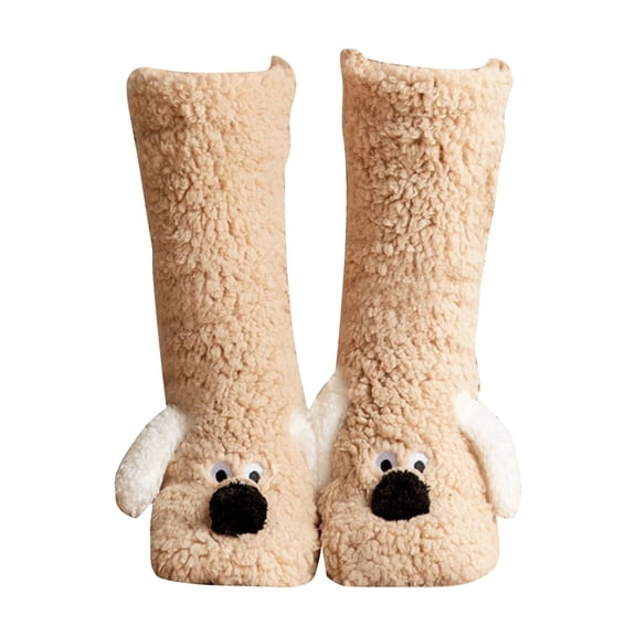 Women Slipper Socks Non Slip Fluffy Winter Warm Thick Thermal Cozy Cabin Soft Fleece Home Grips Socks Light Brown