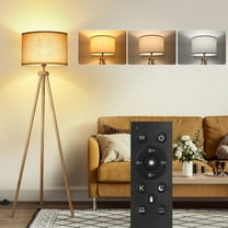 OUTON 63"  Wood Tripod Floor Lamp for Living Room,  Modern Standing Lamps with Remote Control,  3 Color Temperature Dimmable Pole Light with Linen Shade for Bedroom, Office