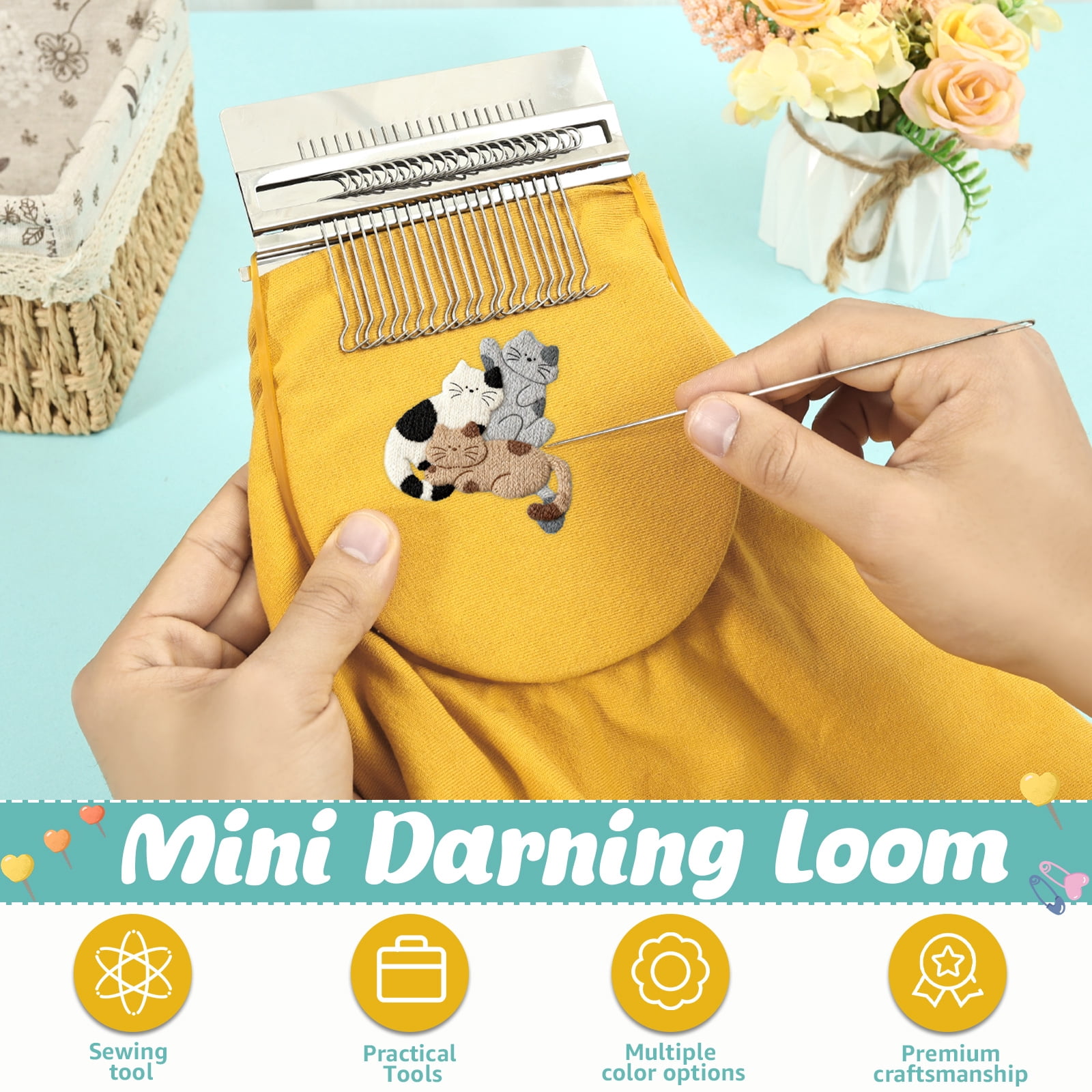 Grusce 14 Hooks Mini Darning Mushroom, Knit Patch DIY Loom, Weaving Repair Tool, 14 Pcs Large Eye Needle 50 Color Thread Weaving Frame for Handcraft, Darning Patch Kit for Mending Jean Socks