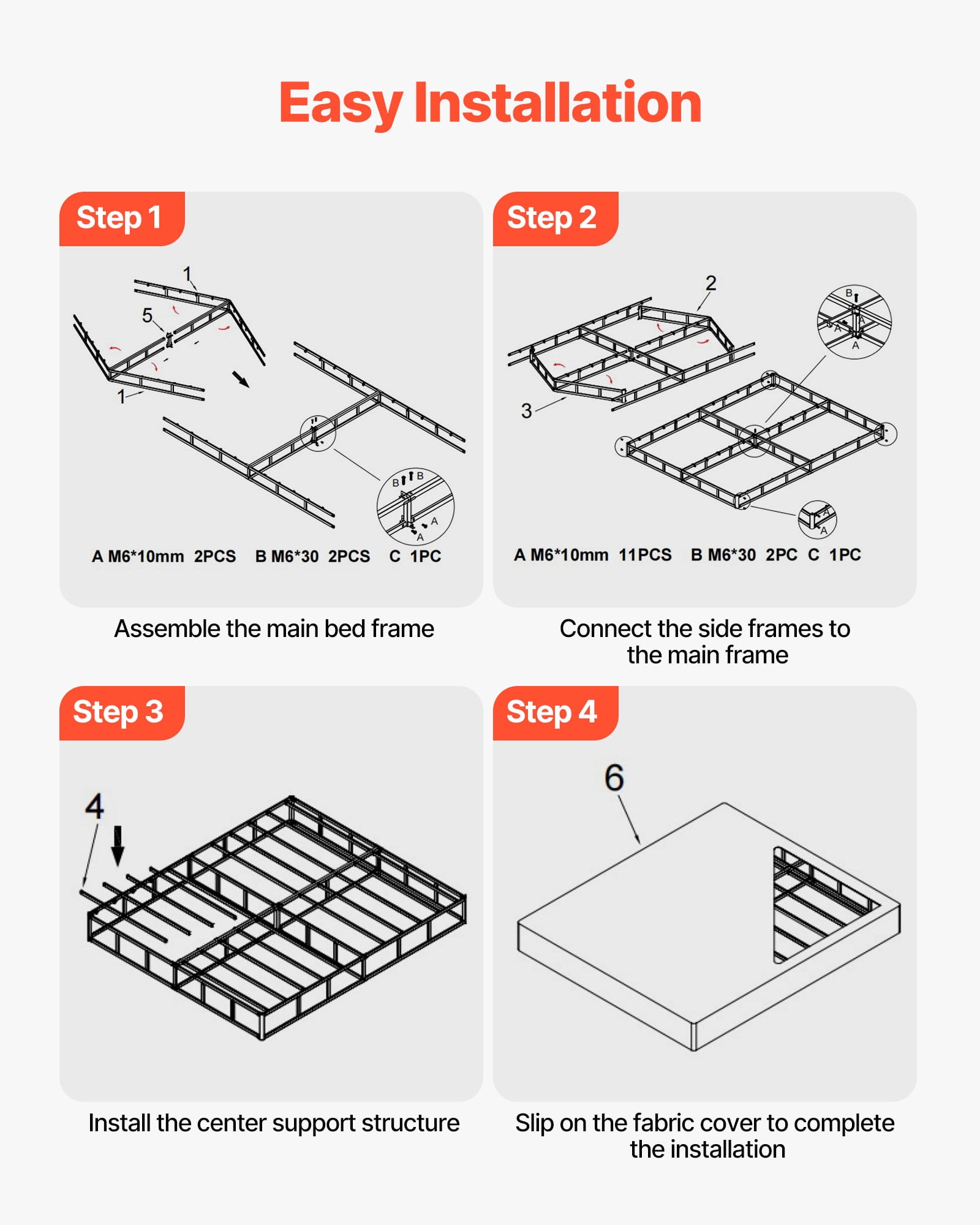 VEVOR Box Spring, Queen Size Bed Frame with Washable Fabric Cloth, Heavy Duty Metal Frame for Queen Bed, 4 in Mattress Foundation, 3500 lbs Max Weight Capacity, Easy Assembly,79.1 L x 59.4 W x 4 H in