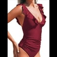 thumbnail image 2 of Traje de Baño de una Pieza con Volantes para Mujer, Escote en V, con Cordones, Vino Tinto, Talla M, 2 of 6