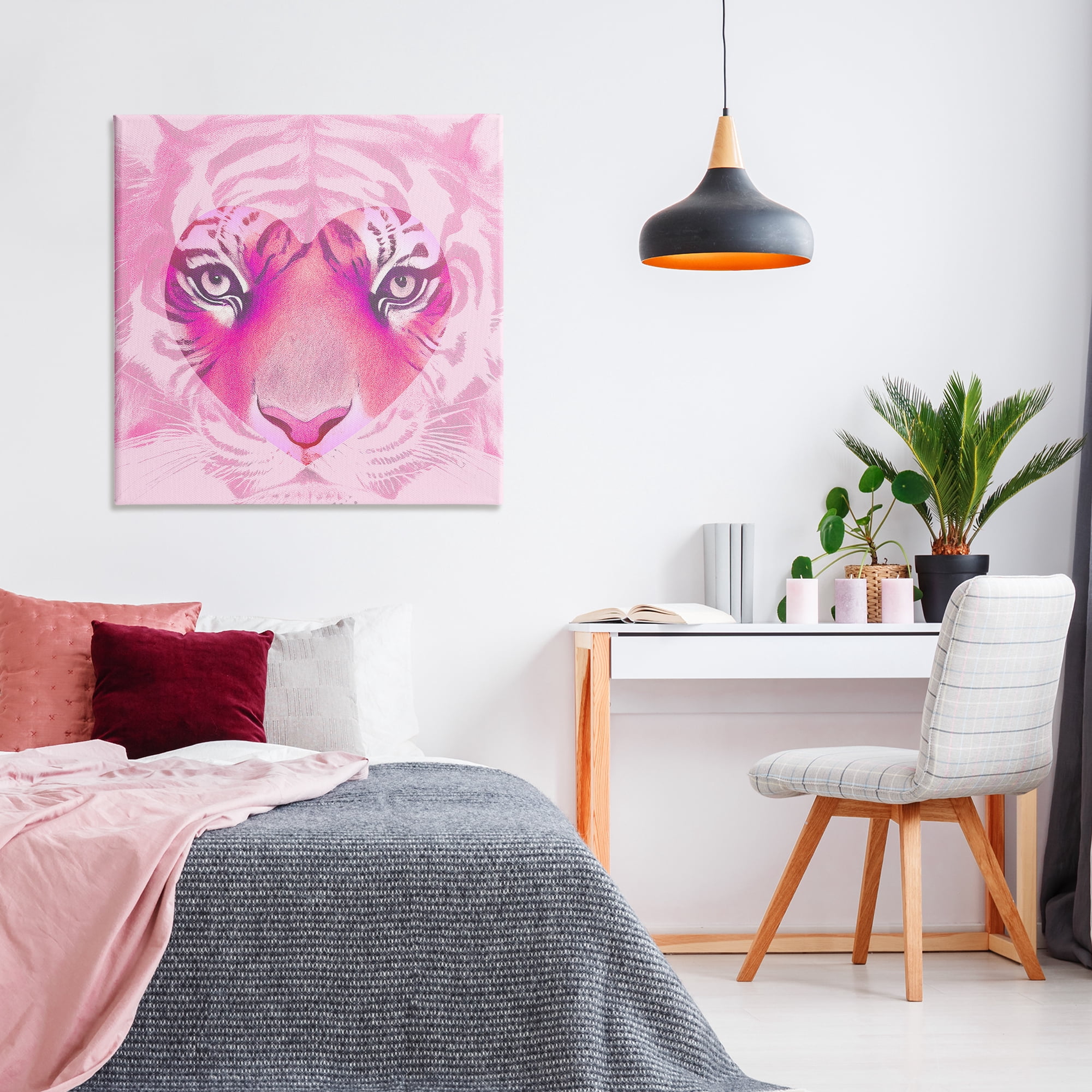 Stupell Industries Pink Heart Tiger Face Animals Painting Wrapped Canvas Art Print Wall Art, 36 x 36