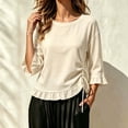 thumbnail image 4 of thefmos Women's Fall 3/4 Sleeve Ruffle Blouses Round Neck Drawstring Ruched Tops Casual Boho Pullover Shirts Solid Fashion Clothes for Vacation, Beige L, 4 of 6