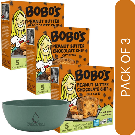 3 Pack Of Bobo's Oat Bites, Peanut Butter Chocolate Chip, Whole Grain Snack Bars, 5 Pack (1.3 oz Each), With Olive Green Bowl By ValueNest