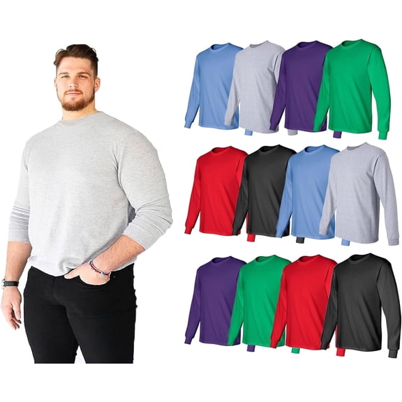 SOCKS'NBULK 6 Pack Big & Tall Long Sleeve Colorful T-Shirts for Mens cotton blend Cotton - Crew Neck Bulk Tees Wholesale Packs