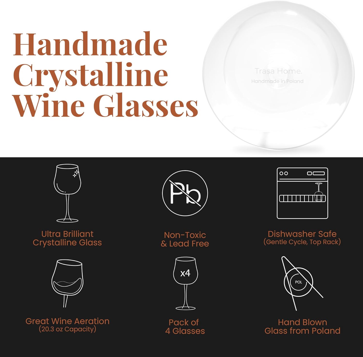 Set of 4 Wine Glasses 20.3 oz | Hand Blown Lead Free Crystal | Use for White and Red Wine