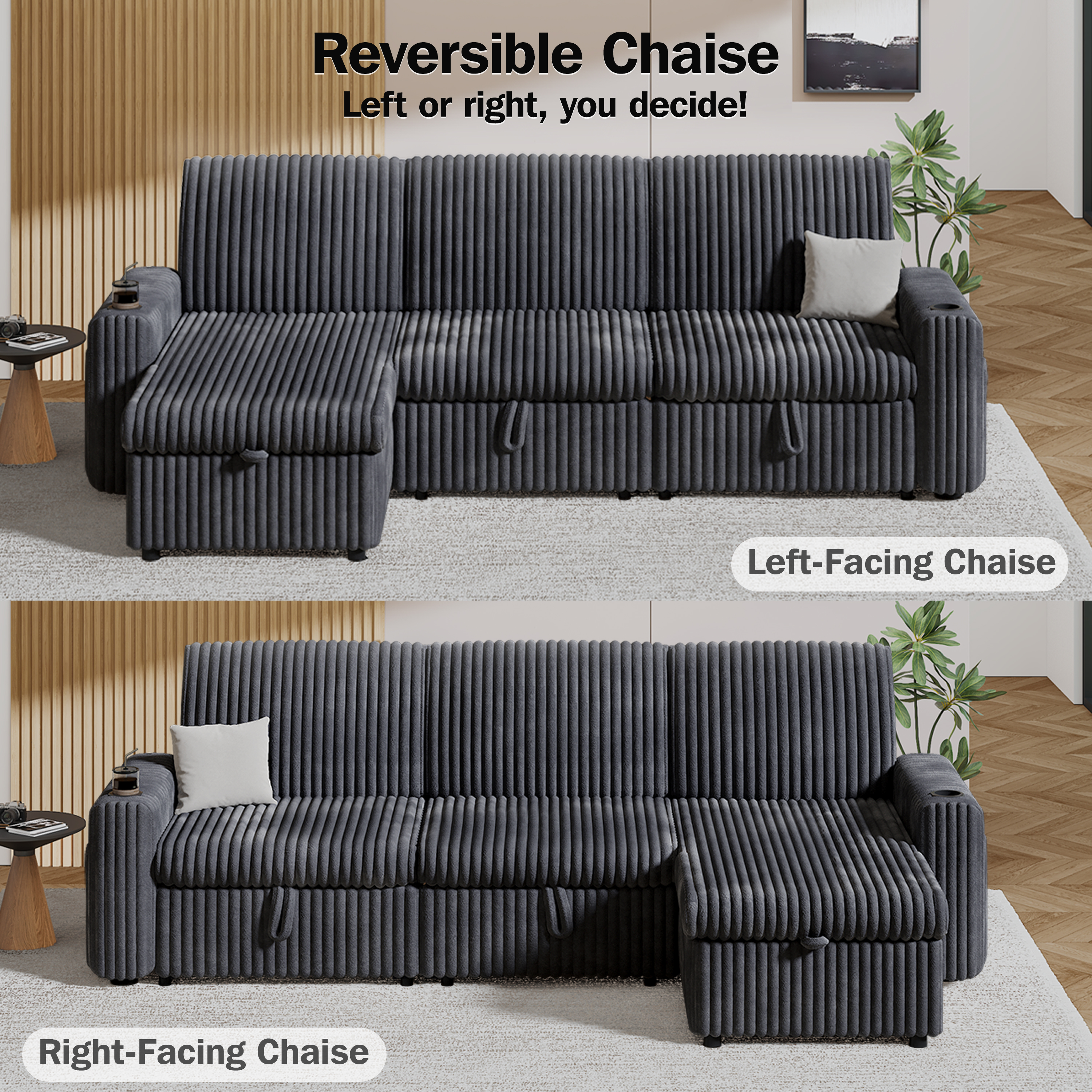 101” Detachable Mattress Sleeper Sofa with Pull-Out Mattress - L-Shaped Design, Adjustable Backrest + Reversible Storage Chaise, USB Ports/Cup Holders, Quick Assembly, Soft Gray Corduroy
