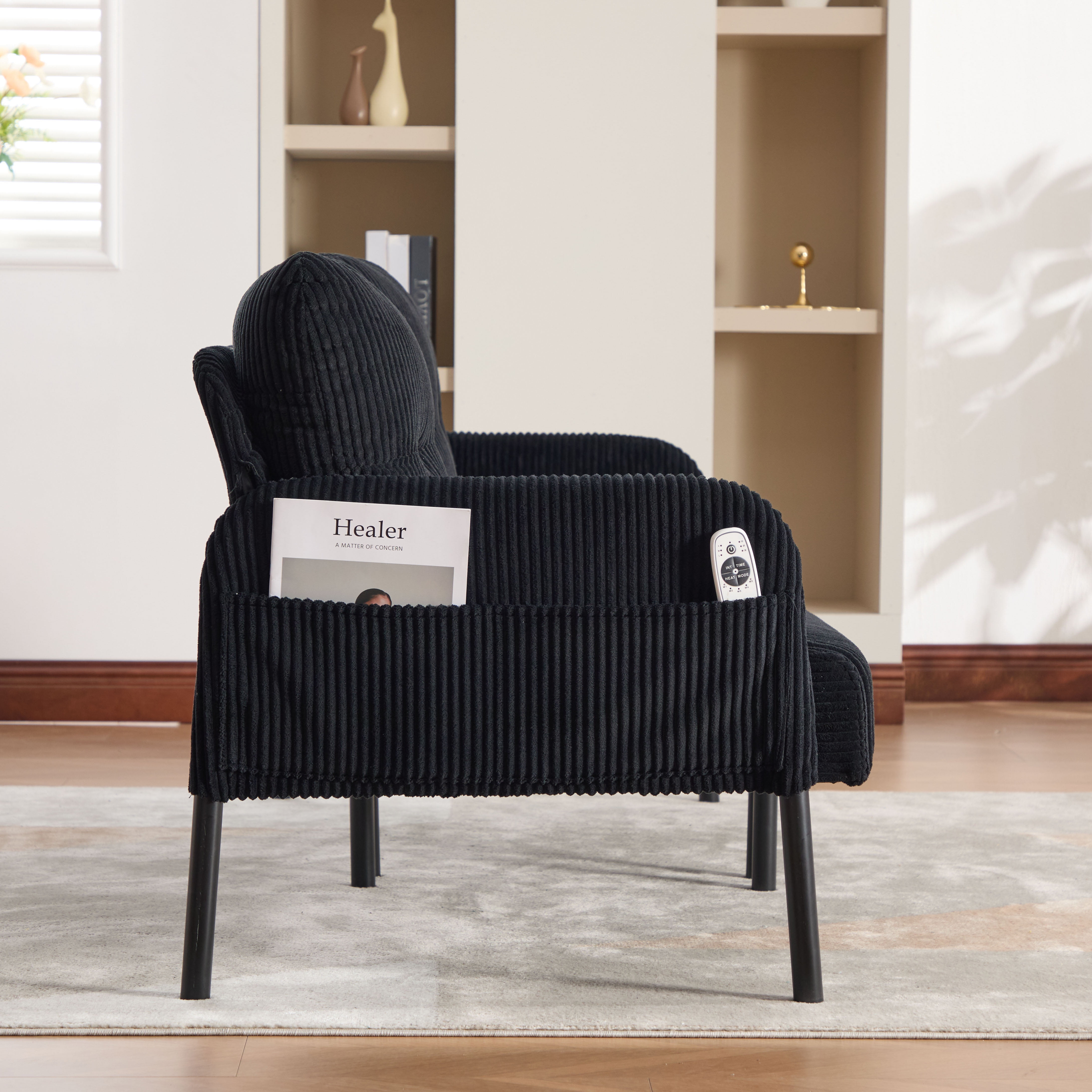 S-HOME Modern Plush Corduroy Upholstered Loveseat with Dual Side Pockets and Metal Legs, Sofa for Apartment, Black