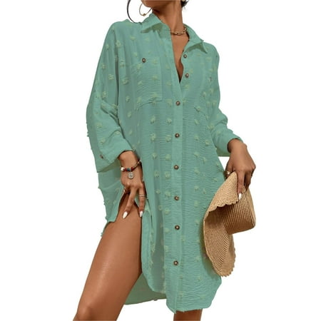 Women Swimsuit Cover Up Bikini Swimwear Bathing Suit Cover Ups Button Down Shirt Beach Dresses Swiss Dot Tops - One size fits most