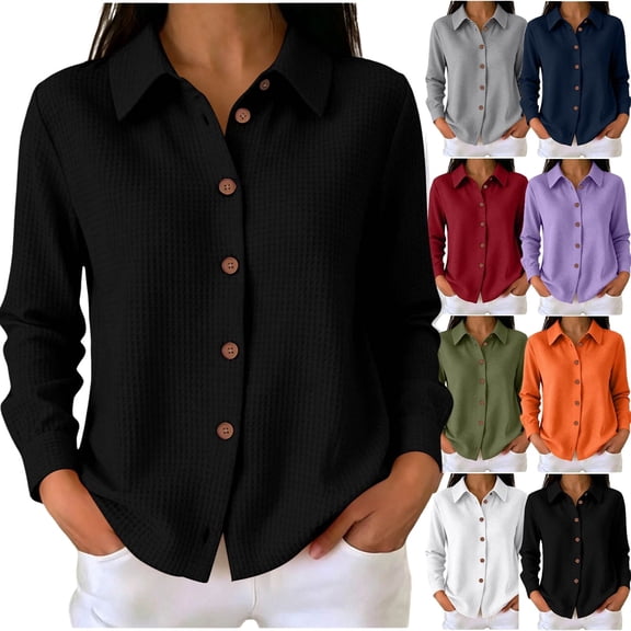 Fengactive Womens Knit Button Down Shirt Long Sleeve Collared Blouse Casual Loose Fit Tunic Top