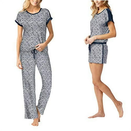 Lucky Brand Top Short and Pant Pajama Set (Gray/Blue - Gray Bandana, XXL)