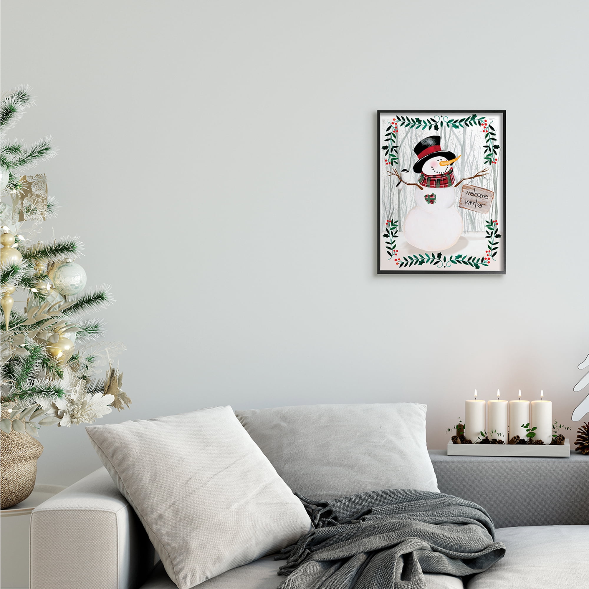 Stupell Industries Winter Welcome Greeting Snowman Forest Holly Florals Holiday Painting Black Framed Art Print Wall Art, 11 x 14