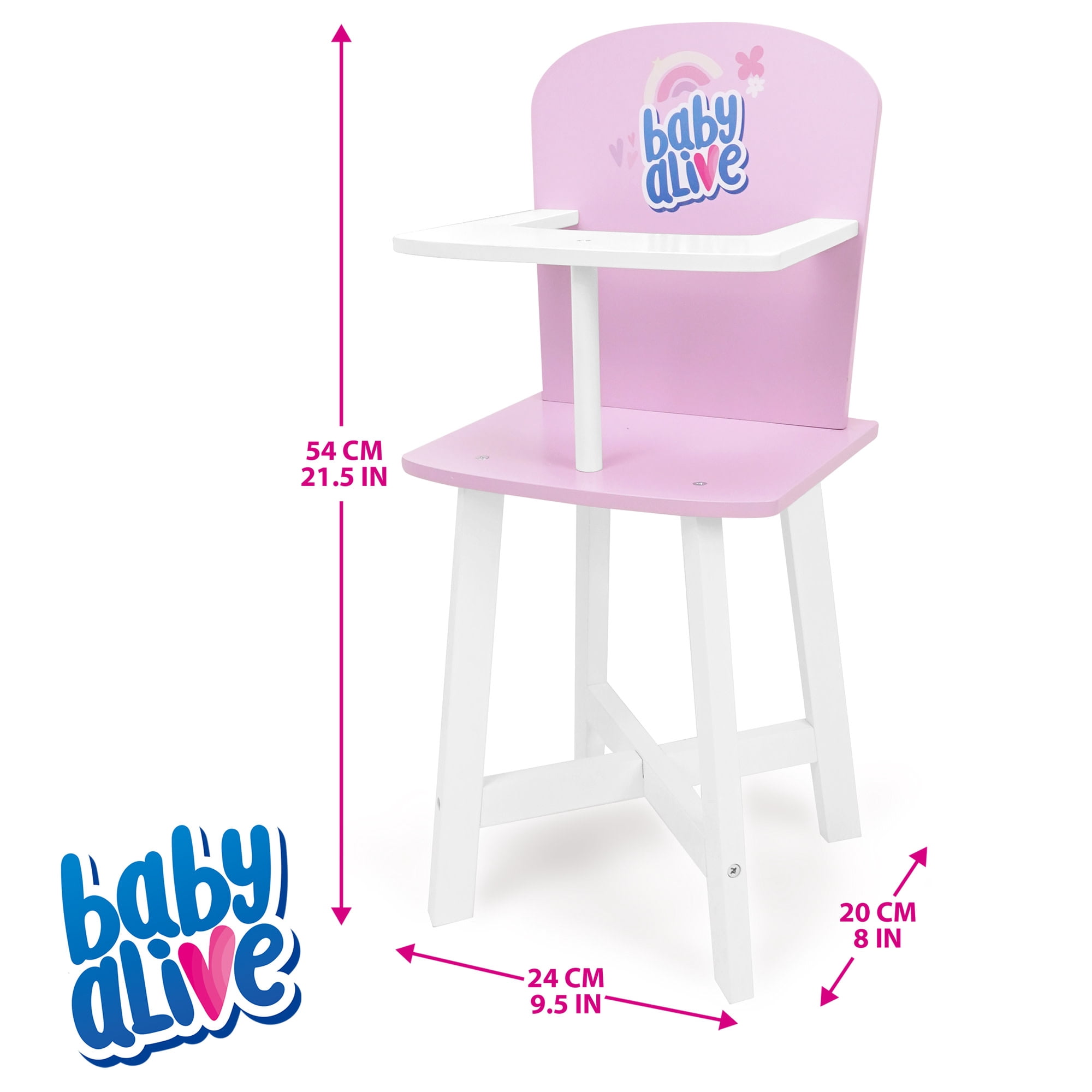 509 Crew: Baby Alive - Wooden Doll High Chair - Pink-White-Purple, Secure Seating, Doll & Plush Feeding Accessory, Nurturing Roleplay Toy, Kids 3+