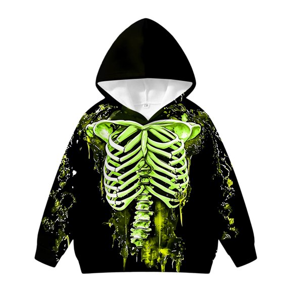 Kids Halloween Graphic Print Pullover Hoodie, Long Sleeve Hooded Sweatshirt with Pocket, Regular Fit Spooky Top for Boys Girls Fall Winter Daily Outdoor Party(Green,6-7 Years)