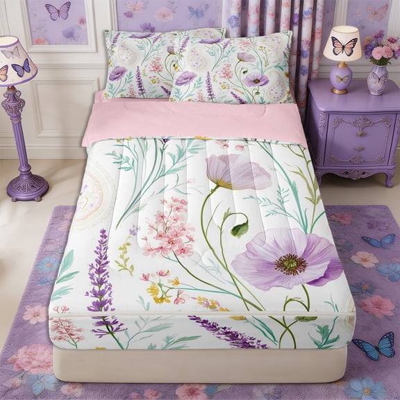 Manfei Boho Flower Paisley Zipper Twin Comforter Sets with Fitted Sheet and 2 Pillowcases,Spring Garden Zipper Bedding Set,Reversible