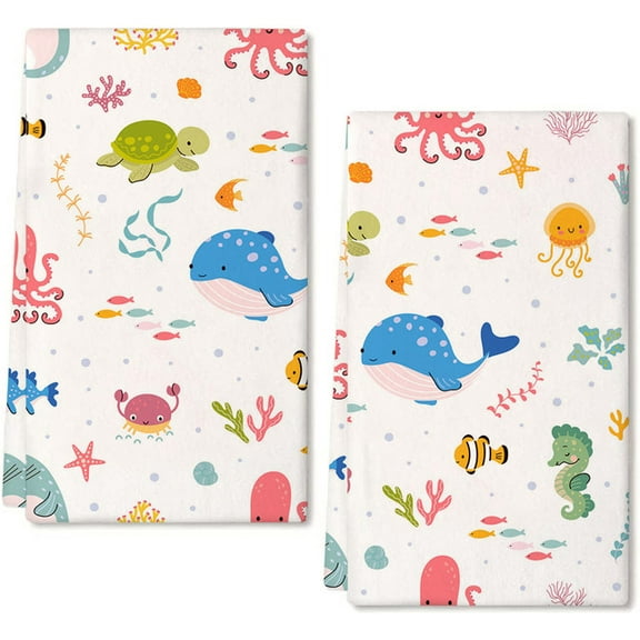 Eveokoki 2 Pcs Beach Kitchen Towels Cute Sea Life Dish Towel Set Ocean Animal Themed Hand Towels Soft Dish Towels for Kitchen Decorative Absorbent Tea Towels for Bathroom