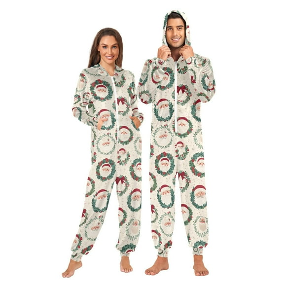 Adult Christmas Onesie Santa Claus Wreath Zipper One-Piece Pajamas Unisex with Pockets