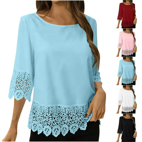 DIOAZUD Women Boho Lace Trim Shirts Trendy Summer 3/4 Sleeve Tshirt Casual Loose Crewneck Solid Color Tunic Tops