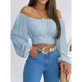 thumbnail image 4 of Woman Off Shoulder Ruched Tie Back Crop Top Summer Lantern Sleeve Boho Shirt Blouse Blue M, 4 of 9