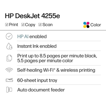 DeskJet 4255e Wireless All-in-One Color Inkjet Printer, Scanner, Copier, Best-for-home, 3 month Ink trial included. This printer is only 2.4 ghz capable. AI-enabled (588S6A)