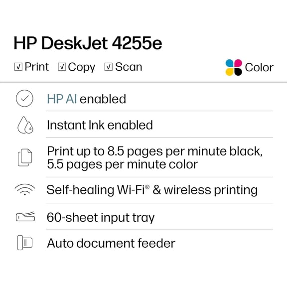 DeskJet 4255e Wireless All-in-One Color Inkjet Printer, Scanner, Copier, Best-for-home, 3 month Ink trial included. This printer is only 2.4 ghz capable. AI-enabled (588S6A)