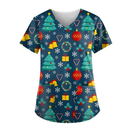

PEONAVET Christmas Costumes for Women Nursing Scrub Tops Christmas Tree Printed Working Uniform Short Sleeve V-Neck Workwear Blouse T-shirt with Pockets Gifts for Women