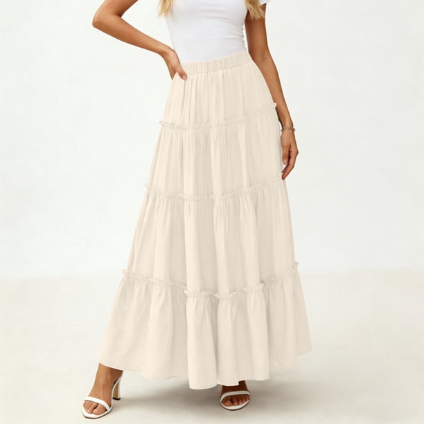 TaTaai Women's Summer Solid Color Elastic Waist Drawstring Pleated A-Line Long Skirt Casual Fashion Loose Flowy Swing Maxi Skirt with Pockets Gift