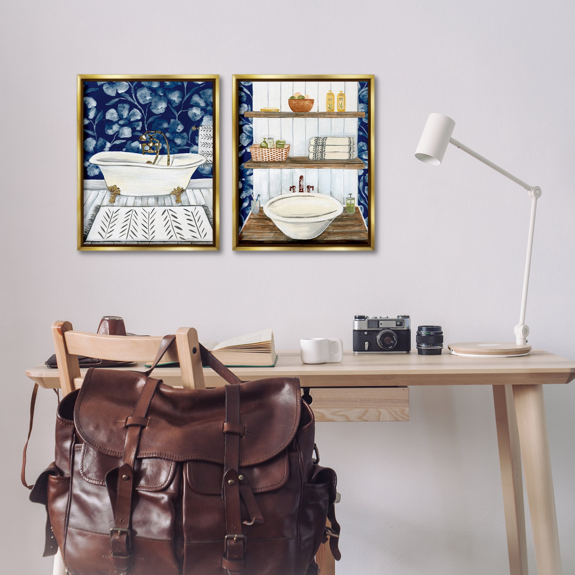 Stupell Industries Bold Painted Farmhouse Bathroom Bath & Laundry Painting Gold Floater Framed Canvas Art Print Wall Art, 17 x 21, Set of 2