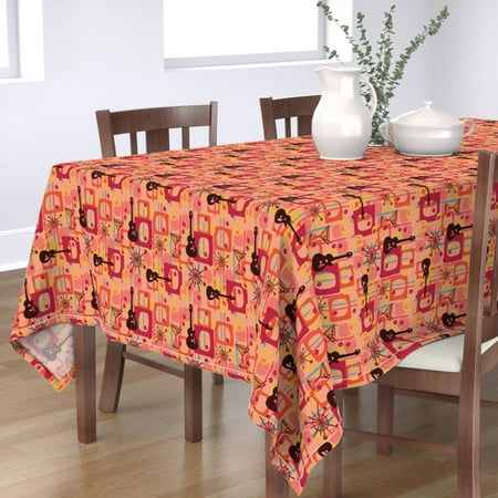 

Cotton Sateen Tablecloth 90 Square - Mid Century Red Retro Pink Vintage Guitar Cocktail Print Custom Table Linens by Spoonflower