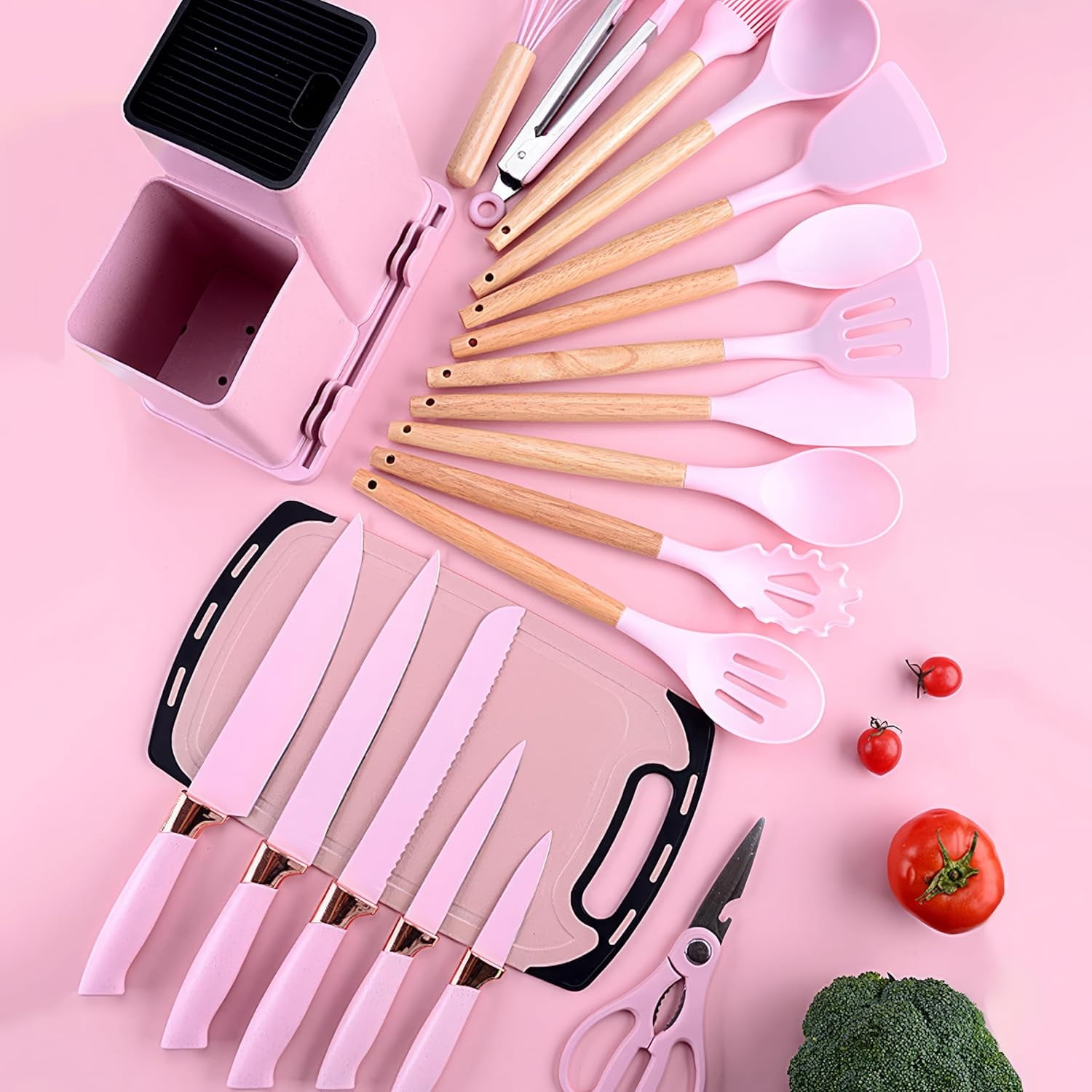 Cooking Utensils Set, 19 PCS Silicone Kitchen Utensils Set with Holder and Kitchen Knife Set for Cooking, Non-stick Heat Resistan Kitchen Tools and Gadgets with Wooden Handle