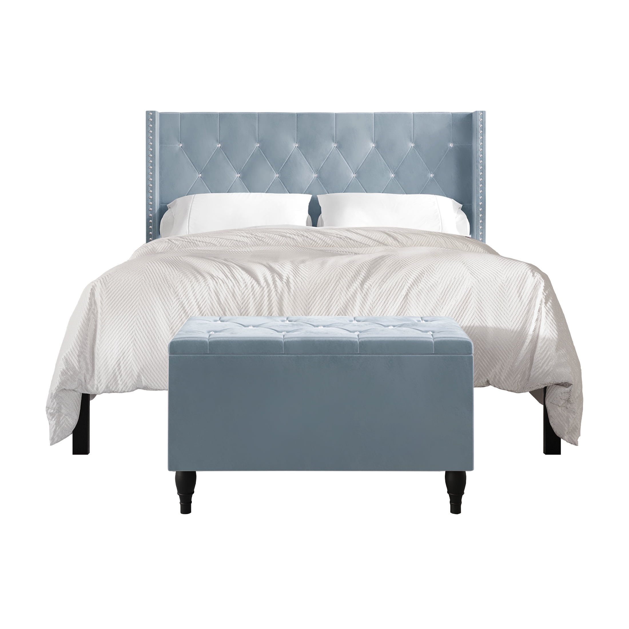 Castle Place Button Tufted Wingback Velvet Upholstered Bed with Storage Bench, Light Blue, King