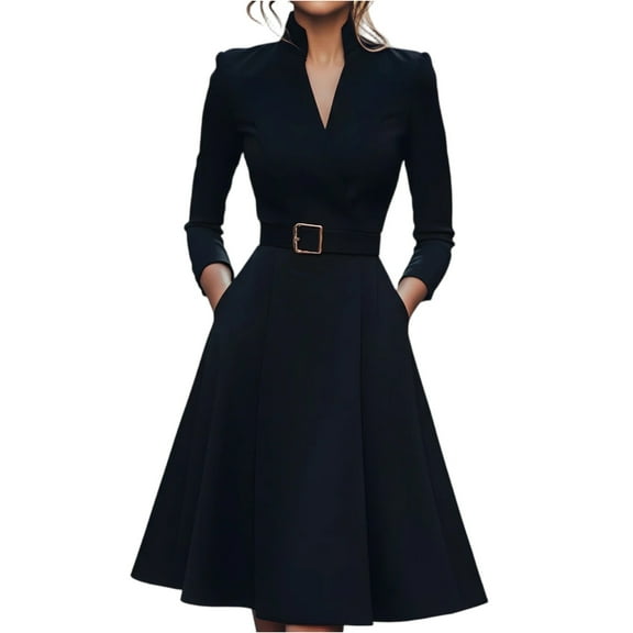 Elegant Pleated Women Dress Long Fashion A-Line Evening Party Dresses Long Sleeve V-neck Solid High Quality Vestidos Femme