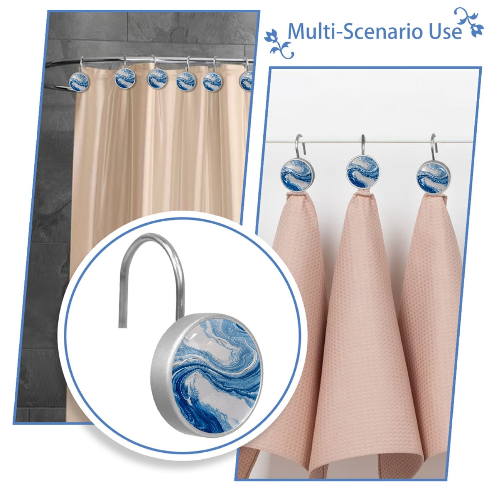 Blue Swirling Marble 12 Pack Shower Curtain Hooks, Decorative Shower Rings for Shower Curtain Rods, Stainless Steel, Rust Resistant, Round Curtain Hooks for Bathroom