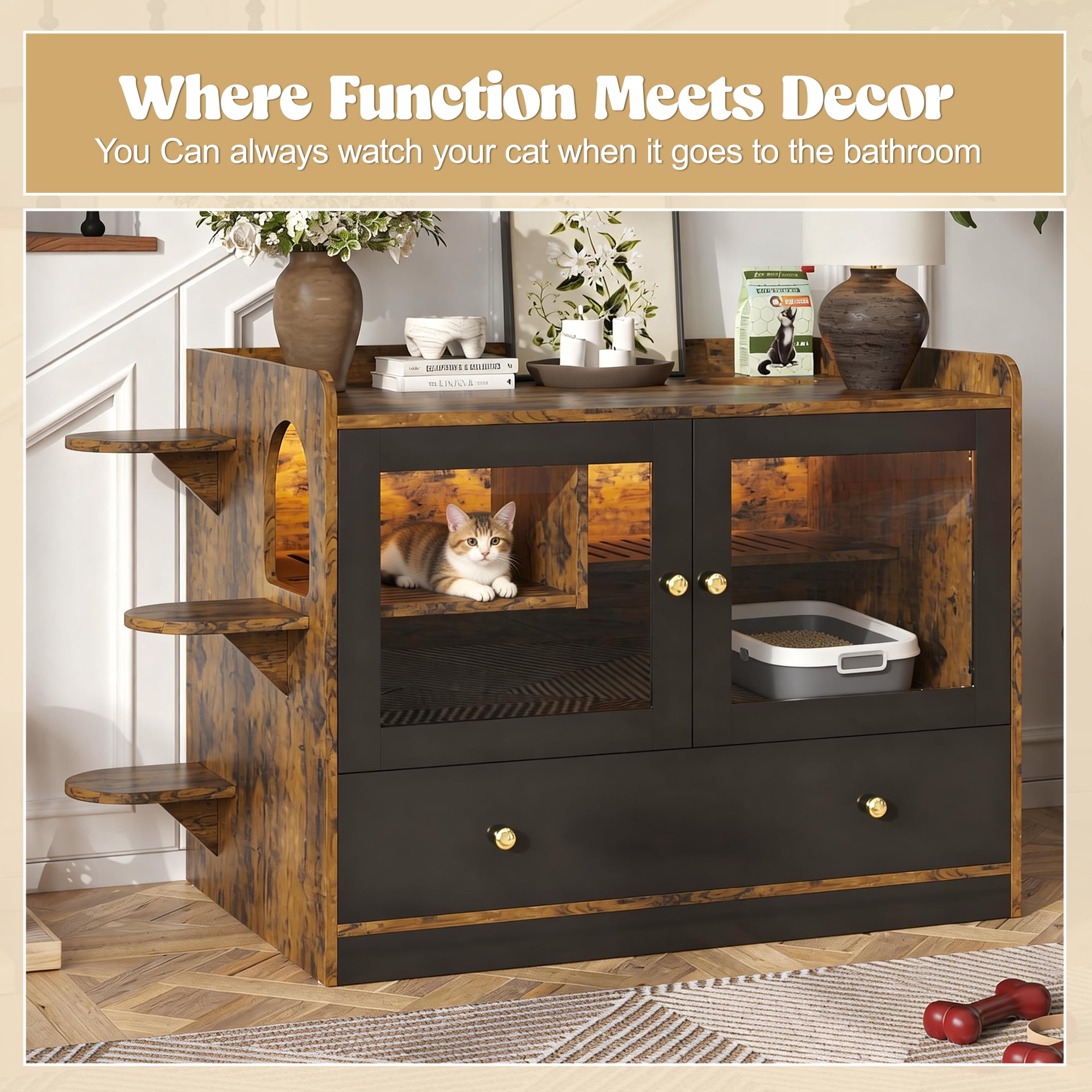 43'' Hidden Cat Litter Box Wooden Furniture Enclosure with Drawer and Stairs Washroom for Bedroom