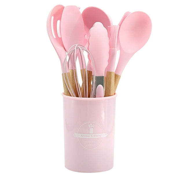 Juego de utensilios de cocina de 12 piezas, cubo de almacenamiento de sartenes antiadherentes con mango de madera, colección completa de utensilios de cocina para una fácil preparación de