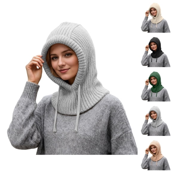 Winter Thermal Knitted Balaclava with Face Scarf, 100% Merino Wool Warm Hooded Scarf for Men & Women, Windproof Ear Cap for Outdoor Sports Cold Weather