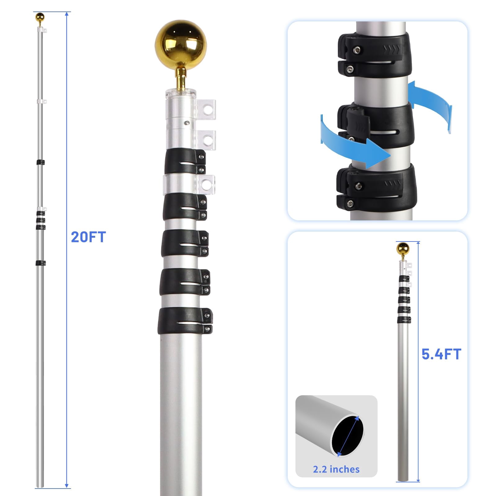 20ft Telescopic Flag Pole - Extra Thick Outdoor Telescoping Poles With 3x5 American For Residential Or Commercial Silver