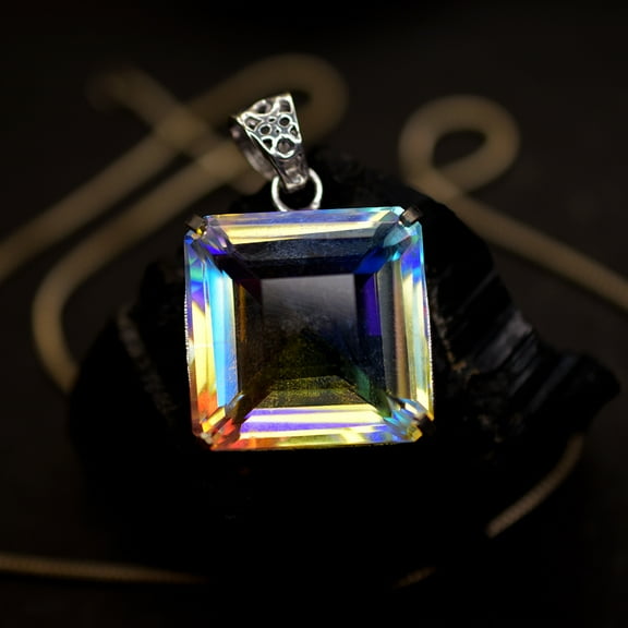 Certified 67 Ct Natural Mystic Topaz Pendant 925 Sterling Silver Square Gemstone