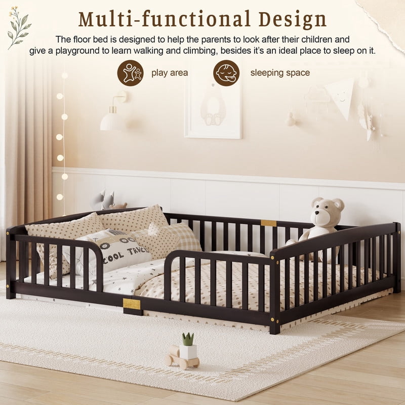 Queen Size Montessori Kids Floor Bed with Entrance, Toddler Crib Fence Bed, Low-Profile Wood Platform Bed Frame with Curved Guardrails