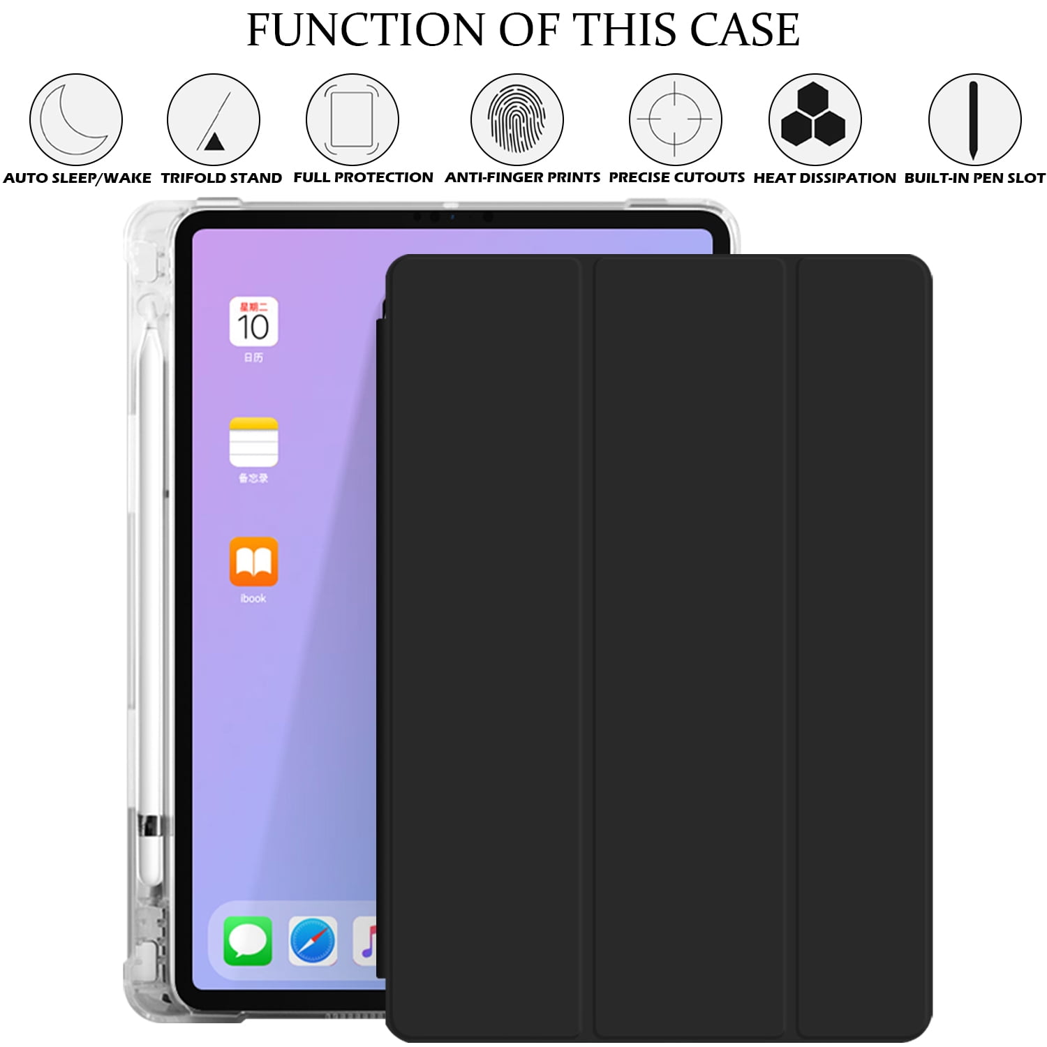 iPad 9th 2021 8th 2020 7th 2019 Generation [iPad 9 iPad 8 iPad 7 ] 10.2 Inch A2602 A2270 A2197 MK663LL/A MK673LL/A MYN62LL/A MW6Y2LL/A Clear Back TPU Silicone Back Printed Case Pencil Holder - Black