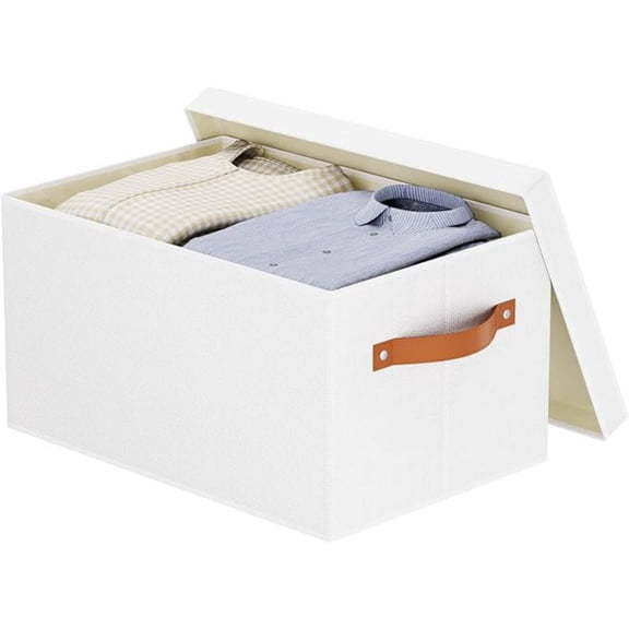 Fabric Storage Bins, 7.1 x 9.1 x 13 Inch Clothes Boxes for Shelves with Lids, Baskets for Organizing with Handles, D rative Linen Closet Organizers, White, 1 Pack