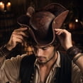 thumbnail image 6 of Faux Leather Tricorn Pirate Hat Adult Halloween, Polyester Cotton Vintage Headpiece Cosplay Prop for Pirate Party and Halloween Masquerade Stage Show Brown B, 6 of 6